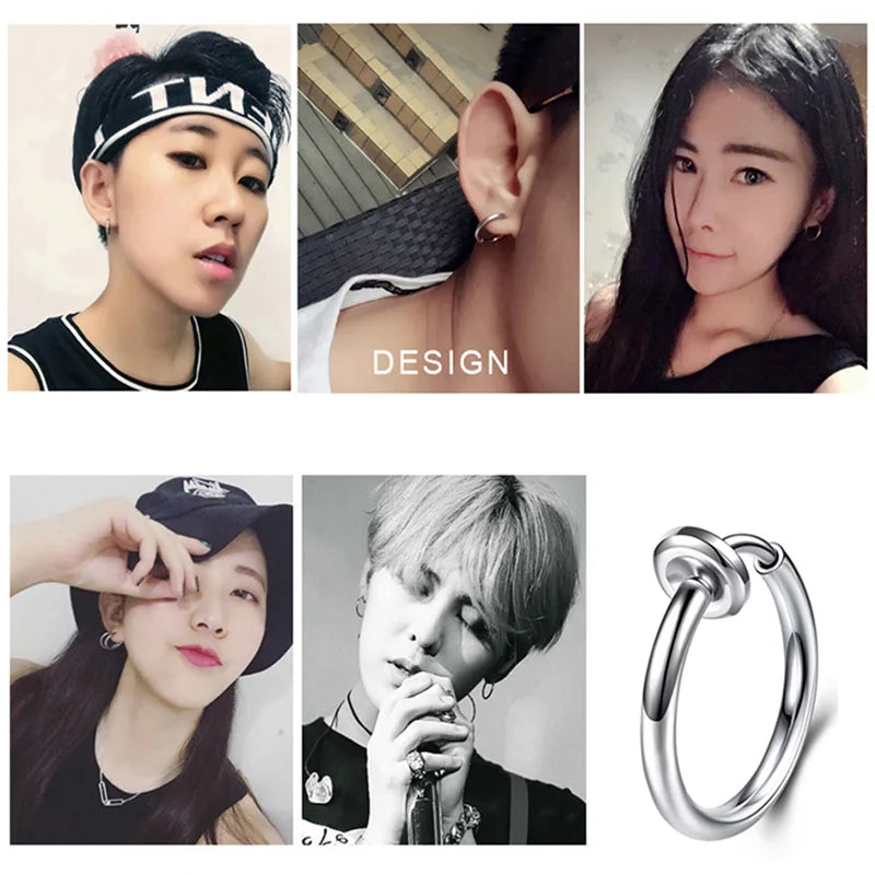 1 pair Women Rounded Big Earrings Spring Clip On Nose Ring Hoop Lip Ring Helix Ring Hoop Fake Ear Ring Accessories