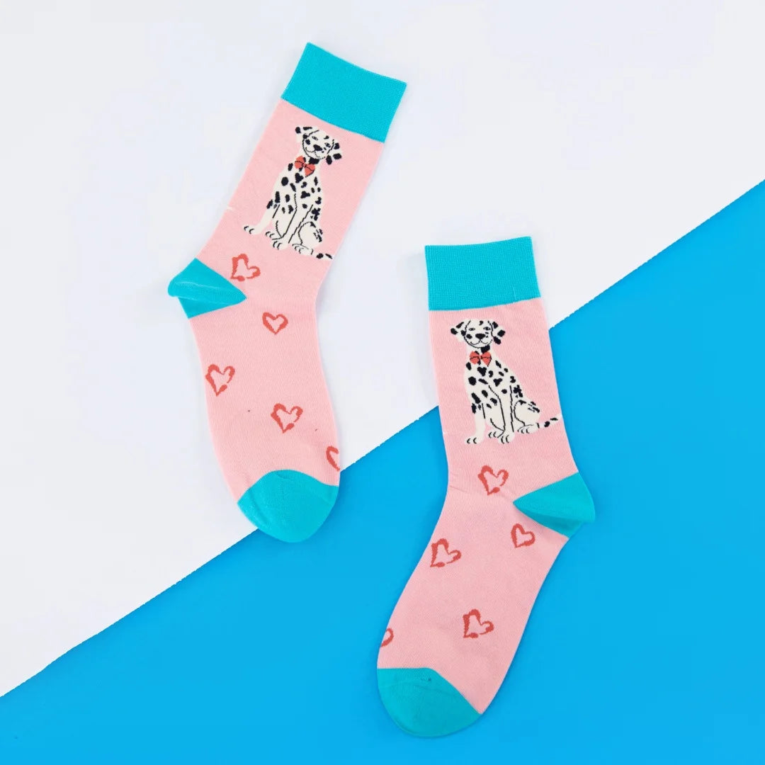【Valentine's Day】1 Pair of Sweet Mid-calf Socks With Pink Heart Spotted Dogs，Versatile and Comfortable, Suitable For All Seasons