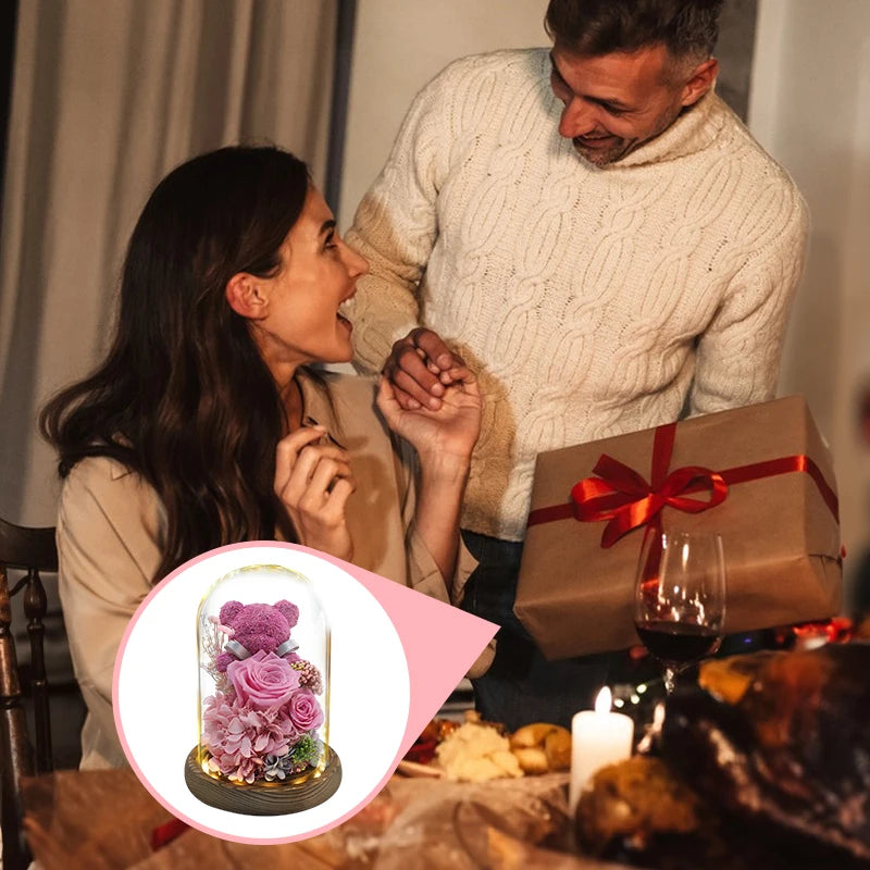 Valentine's Day Gift for Girlfriend Eternal Preserved Rose Flower Gift Box Teddy Bear Eternal Flower with Lights Gift for Women