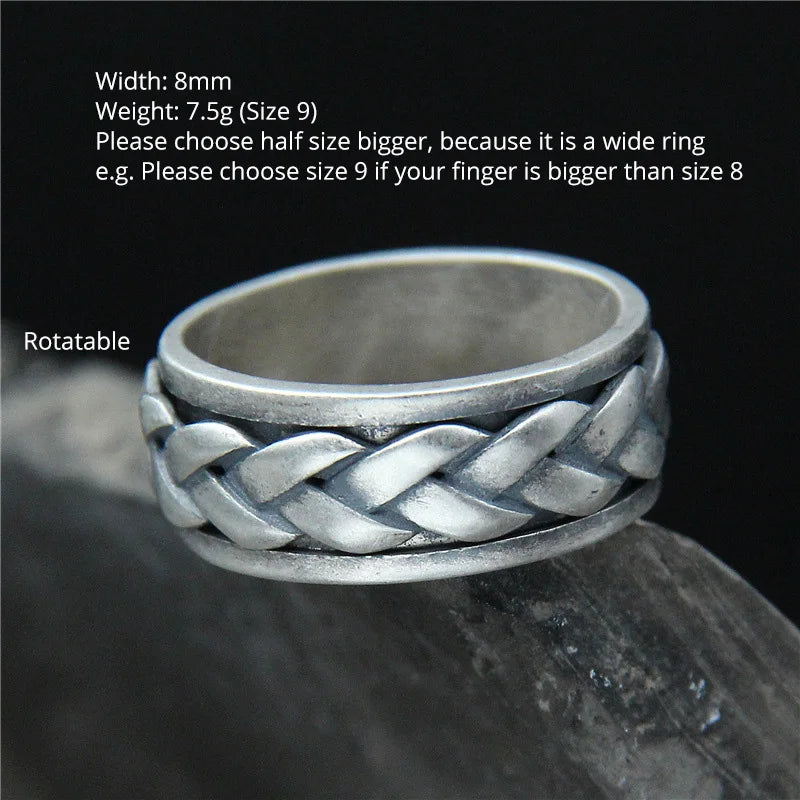 Real 925 Sterling Silver Rings For Men And Women Rotating Ring Matte Braided Type Twisted Rope Retro Antique Style