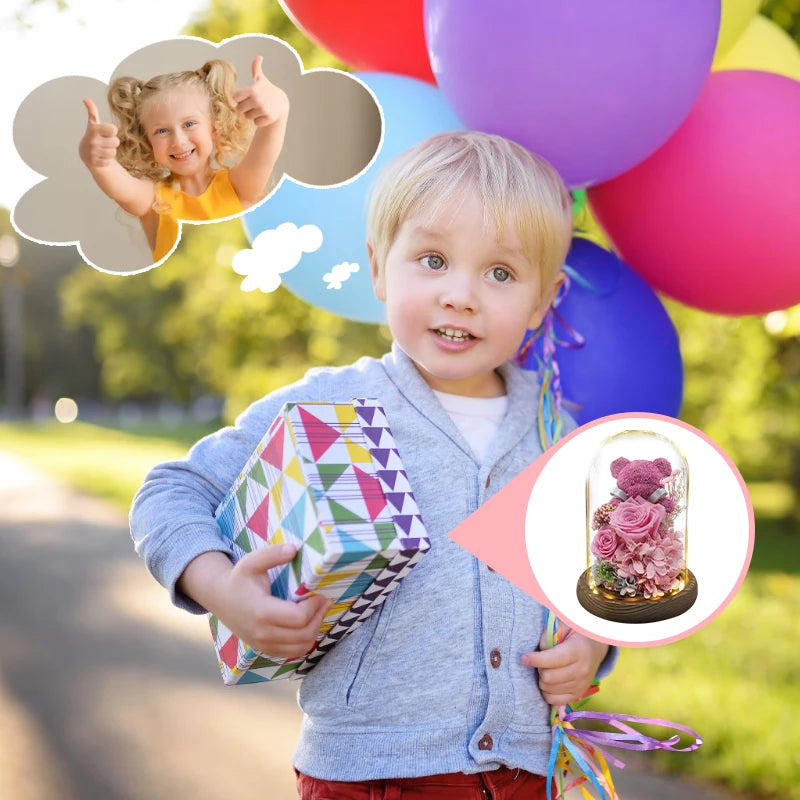 Valentine's Day Gift for Girlfriend Eternal Preserved Rose Flower Gift Box Teddy Bear Eternal Flower with Lights Gift for Women