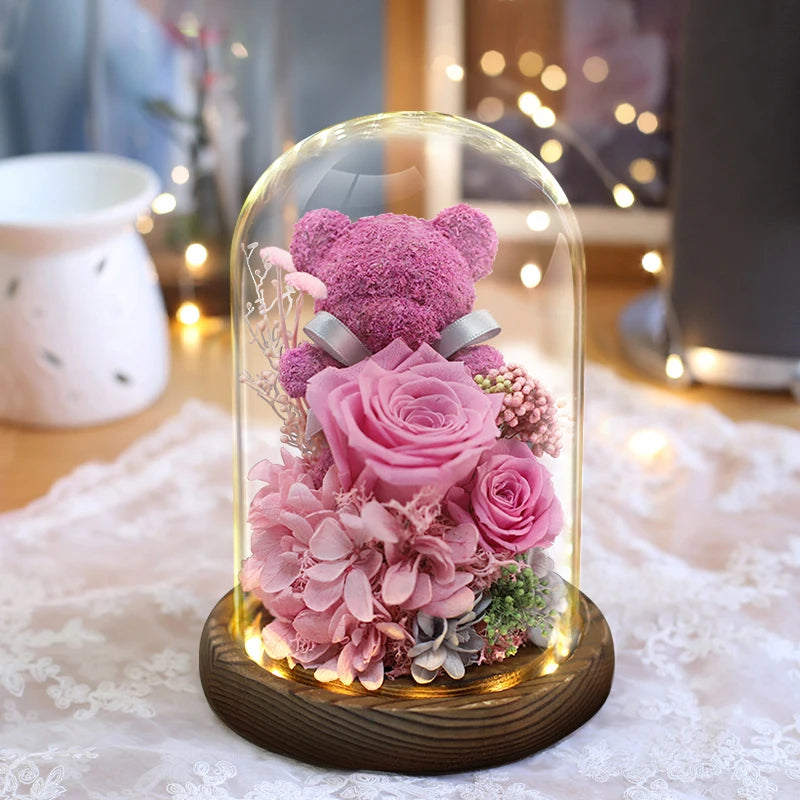 Valentine's Day Gift for Girlfriend Eternal Preserved Rose Flower Gift Box Teddy Bear Eternal Flower with Lights Gift for Women