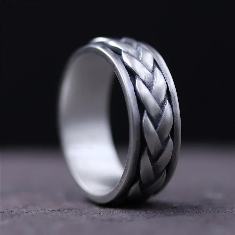 Real 925 Sterling Silver Rings For Men And Women Rotating Ring Matte Braided Type Twisted Rope Retro Antique Style