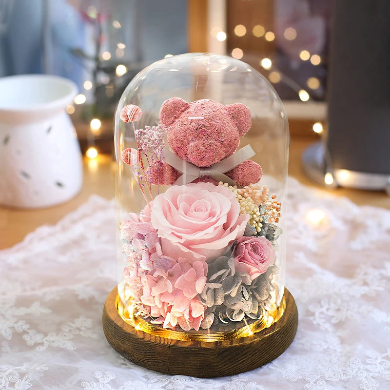 Valentine's Day Gift for Girlfriend Eternal Preserved Rose Flower Gift Box Teddy Bear Eternal Flower with Lights Gift for Women