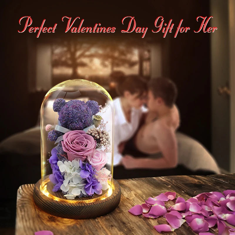 Valentine's Day Gift for Girlfriend Eternal Preserved Rose Flower Gift Box Teddy Bear Eternal Flower with Lights Gift for Women
