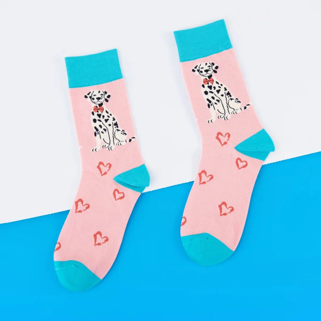 【Valentine's Day】1 Pair of Sweet Mid-calf Socks With Pink Heart Spotted Dogs，Versatile and Comfortable, Suitable For All Seasons