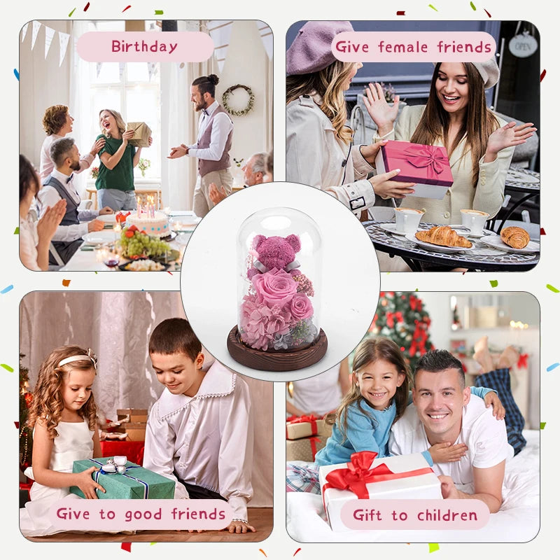 Valentine's Day Gift for Girlfriend Eternal Preserved Rose Flower Gift Box Teddy Bear Eternal Flower with Lights Gift for Women