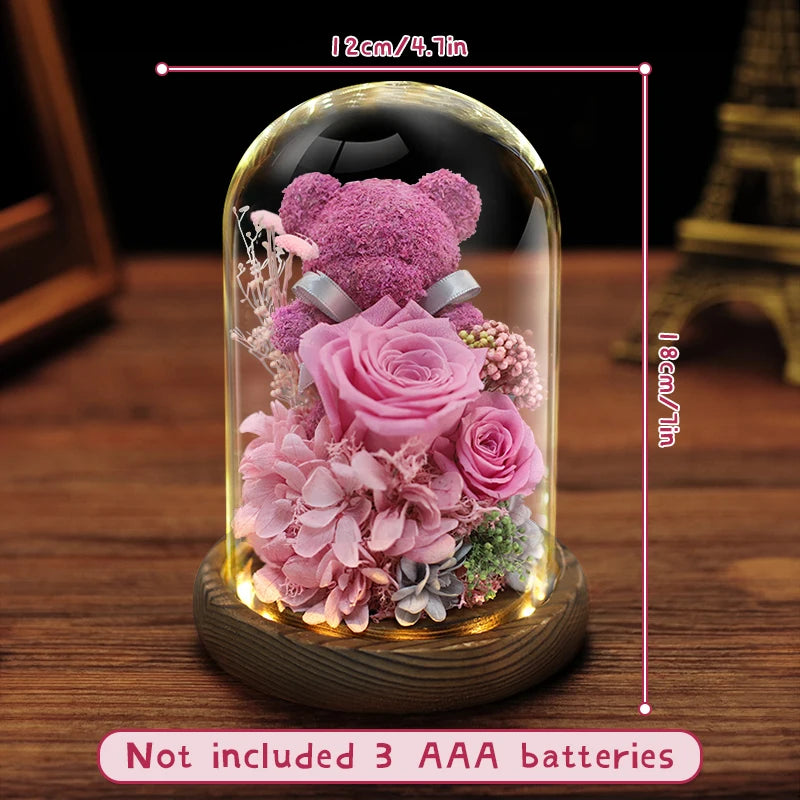 Valentine's Day Gift for Girlfriend Eternal Preserved Rose Flower Gift Box Teddy Bear Eternal Flower with Lights Gift for Women