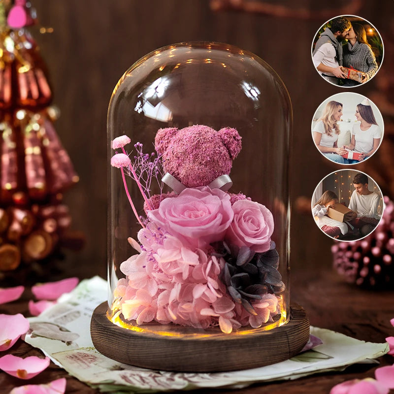 Valentine's Day Gift for Girlfriend Eternal Preserved Rose Flower Gift Box Teddy Bear Eternal Flower with Lights Gift for Women