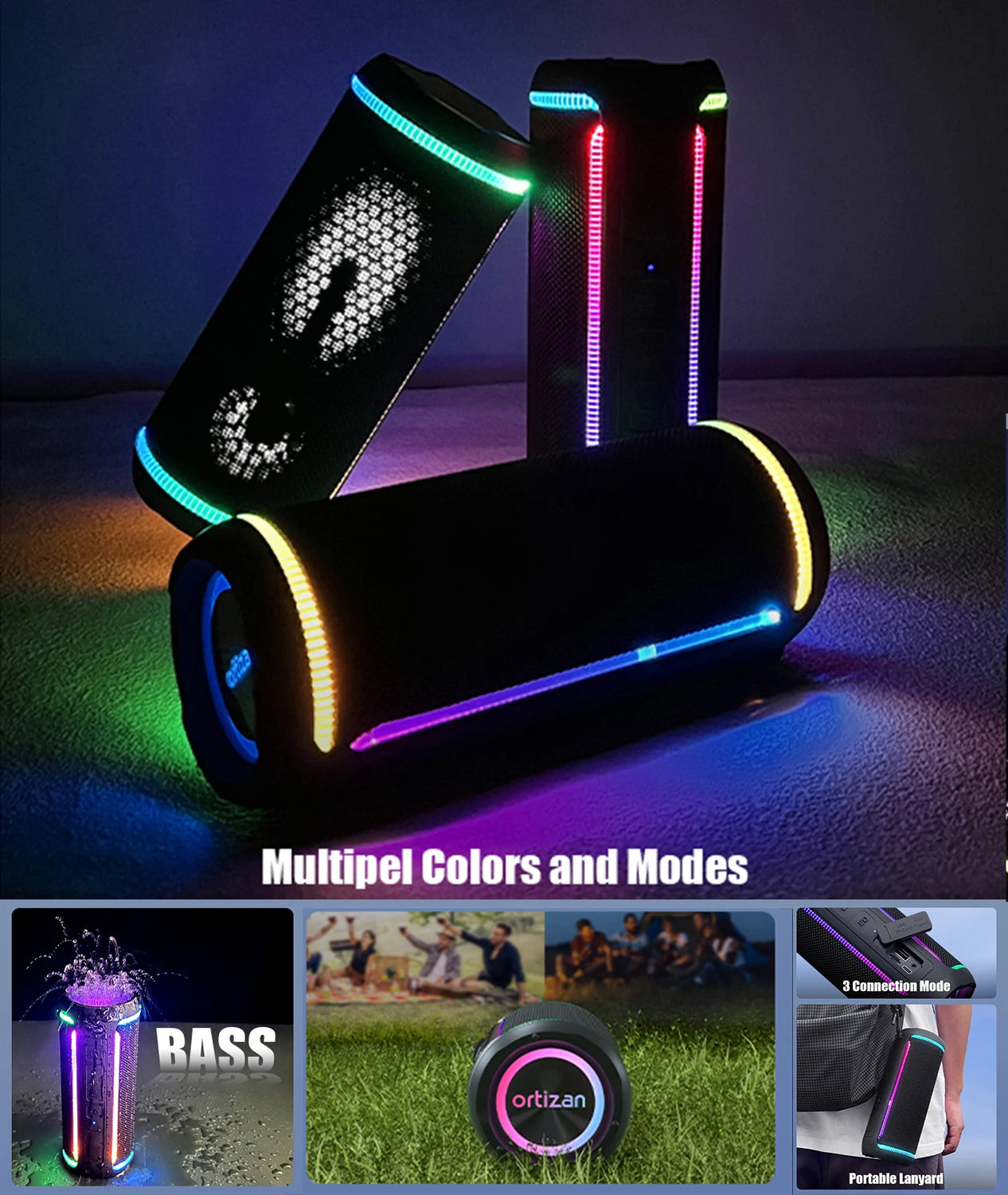 Speakers Bluetooth Wireless: 40W Loud Speaker with Bass,Colorful Flashing Lights , IPX7 Waterproof, Portable Speakers for Party