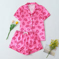 [Valentine's Day] 2-Piece Satin Pajamas with Lip Print, Short-Sleeved Shorts, Women's Pajamas, Loungewear Set Suitable for Home Use