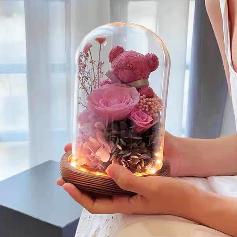 Valentine's Day Gift for Girlfriend Eternal Preserved Rose Flower Gift Box Teddy Bear Eternal Flower with Lights Gift for Women