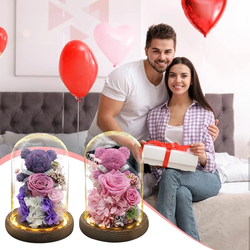 Valentine's Day Gift for Girlfriend Eternal Preserved Rose Flower Gift Box Teddy Bear Eternal Flower with Lights Gift for Women