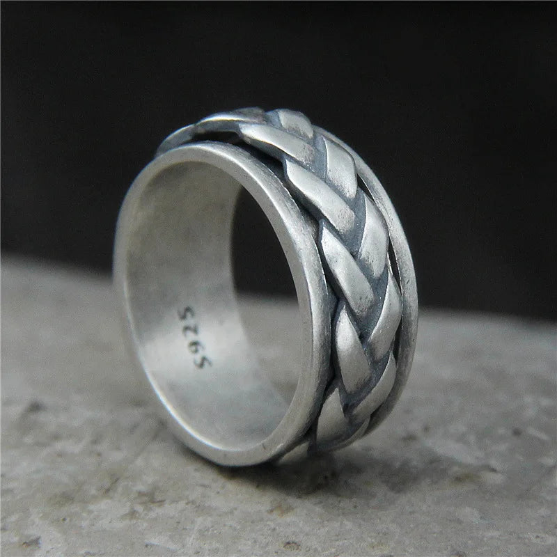 Real 925 Sterling Silver Rings For Men And Women Rotating Ring Matte Braided Type Twisted Rope Retro Antique Style