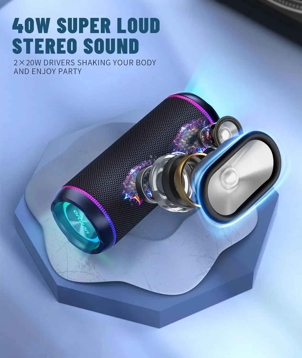 Speakers Bluetooth Wireless: 40W Loud Speaker with Bass,Colorful Flashing Lights , IPX7 Waterproof, Portable Speakers for Party